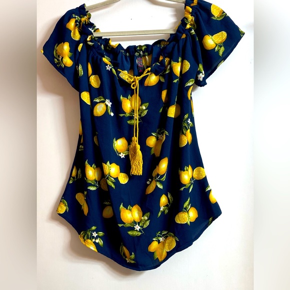 Fashion signature 2U Lemon Print Milkmaid Top Womens Blue Rockabilly Retro. Sz L - Picture 1 of 6